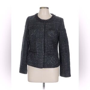 ALFANI Black Tweed Metallic Lined Embellished Collarless Blazer